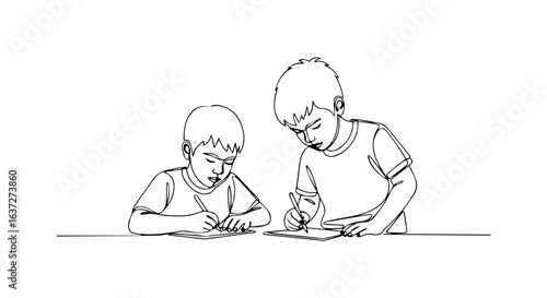 Kids writing line drawing presents two young boys drawing with pencils, focused on their work, kids writing with concentration, developing creativity.