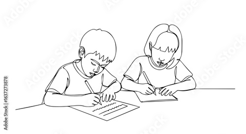 Kids writing together in class on blank paper for educational materials. Kids writing as an exercise, for handwriting practice, or for creative assignments.
