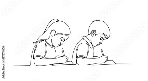 Kids writing together intently, engrossed in schoolwork. These kids writing diligently, are focused on creating stories and completing assignments at their desks.