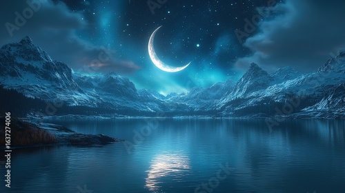 Fototapeta Naklejka Na Ścianę i Meble -  Colorful aurora over deep blue lake with crescent moon and volumetric lighting. Fantasy scene with HDR details ideal for wallpaper designs, digital backgrounds, or concept art, featuring vibrant color