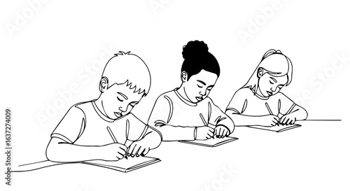 Kids writing during lesson, kids writing carefully with pens in their notebooks. These kids writing in the classroom in the pursuit of knowledge and education, engaged in learning.