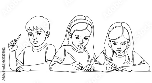 Kids writing educational assignments in a class setting, three young students focused on kids writing activity. Students are deeply engaged in kids writing and learning,