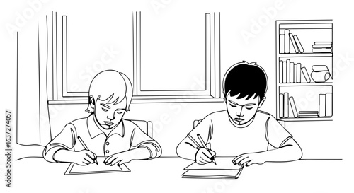 Two kids writing at desks by the window in simple illustration. Kids writing in monochrome, focused on assignments and schoolwork, filling pages at school desk.