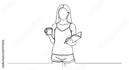Young woman enjoys a summer weekend, drinking coffee and reading a book in minimalist line art style. Relaxing summer weekend lifestyle showing her sipping coffee and holding an open book,