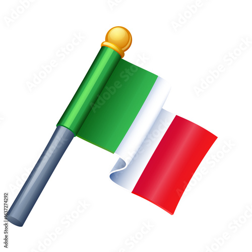 Waving Italian flag illustration on a flagpole with gold finial