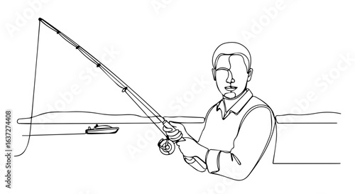 One line drawing of fisherman with fishing rod on lake, perfect for summer weekend, enjoying leisure time. Summer weekend shows recreation on lake, relax and peaceful activity.