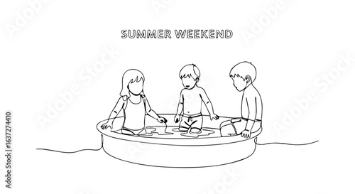 Summer weekend scene depicts children playing in wading pool during vacation days. Concept summer weekend captures children splashing and enjoying outdoor water activities, showcasing carefree time.