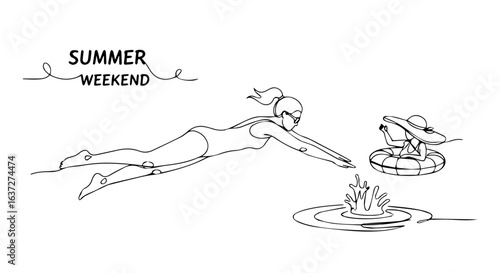Summer weekend illustration with swimmer, water splash, and inflatable ring on white background. Illustration focuses on enjoying summer weekend fun with swimming and relaxation.