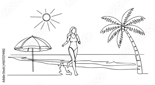 Summer weekend at tropical beach with sunbathing lady and palm tree. Summer weekend scene features umbrella and girl walking along water's edge, enjoying holiday and relaxation.