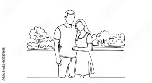 Summer weekend couple in love standing together outside, enjoying each other's company in the sunshine. Summer weekend scene shows romance and connection, with embracing couple enjoying time.