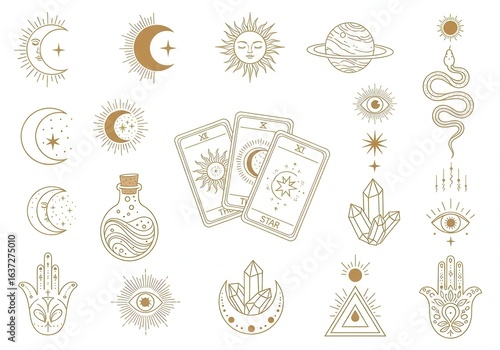 Mystical vector illustration displaying esoteric symbols and fortune telling elements
