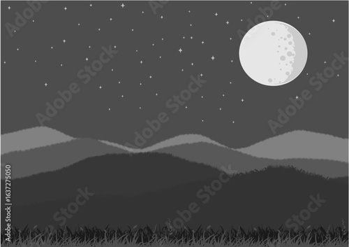A serene night scene with a bright full moon shining over layered mountains under a star-filled sky.
