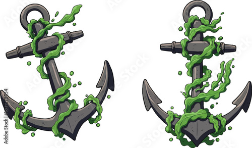 Illustration featuring stylized anchors entwined with vibrant green algae