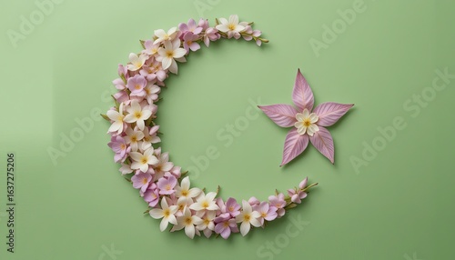 Floral crescent moon and star arrangement on a light green background flat lay top view close up shot