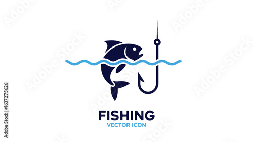 Fishing Icon with Fish and Hook on White water