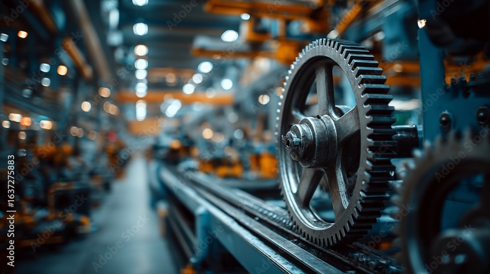 Fototapeta premium Industrial Gear Mechanism in Operation at Manufacturing Plant.