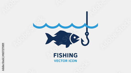 Fishing icon with fish on hook and wavy water line