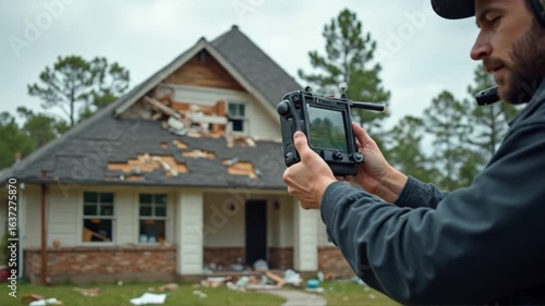 Man operating drone to assess severe storm damage to residential home facade