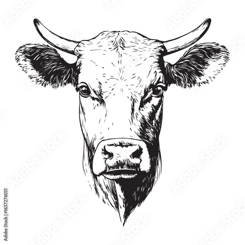 Cow, bull, farm. Vintage retro print, black white cow sketch ink pencil style drawing, engraved old school. Sketch artwork silhouette farm cow, white background