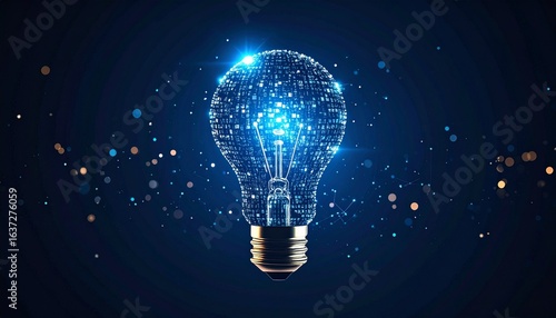 Glowing Pixelated Lightbulb Illuminates the Night Sky, Symbolizing Innovation and Creativity with Vibrant Digital Light, Captured in a Futuristic and Abstract Tech-Inspired Scene