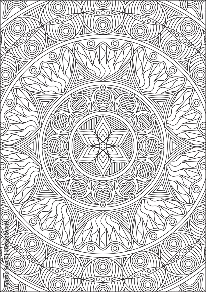 Fototapeta premium Hand Down Adult Mandala Coloring Page Design Color Therapy Anti Stress Indian Line Art Color Hobby Black And White