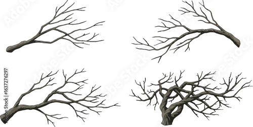Four bare tree branches on a white background, winter nature theme art