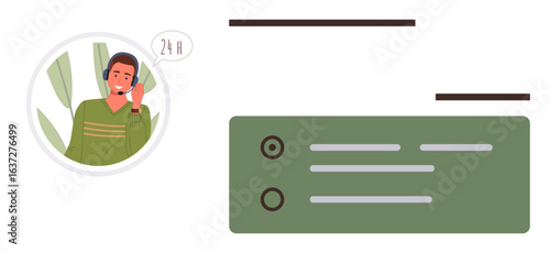 Customer support professional with a headset assisting a caller, speech bubble stating 24 hours. Options list beside representing services. Ideal for customer service, communication, support