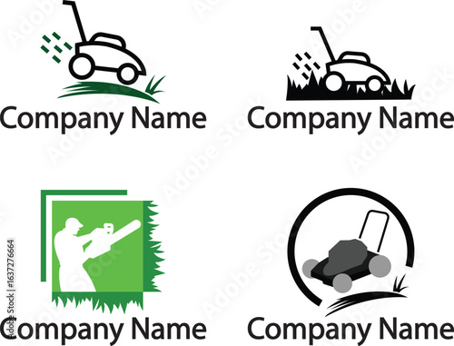 Grass Cutter Service Company Logo Design Lawnmower Set Vector