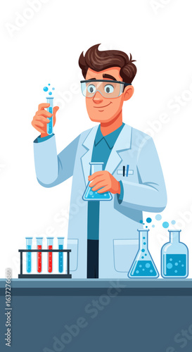 Vibrant illustration of a male scientist in a lab coat and goggles, conducting a chemical experiment, symbolizing scientific discovery and innovation.