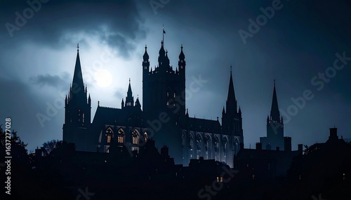 Wallpaper Mural Nocturnal Cityscape Silhouette of Towering Gothic Architecture, with Spires and Ornate Facades Rising Against the Night Sky, Captured in Dramatic Lighting to Evoke Mystery Grandeur and Timeless Beauty Torontodigital.ca