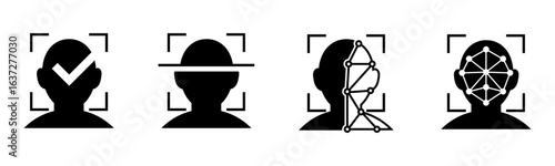Set of face recognition icon, identity system recognize. Biometric human analysis vector symbol. Representing AI, deep learning, and biometric analysis.