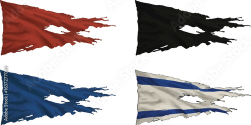 Collection of weathered flags with tattered edges and vibrant color variations