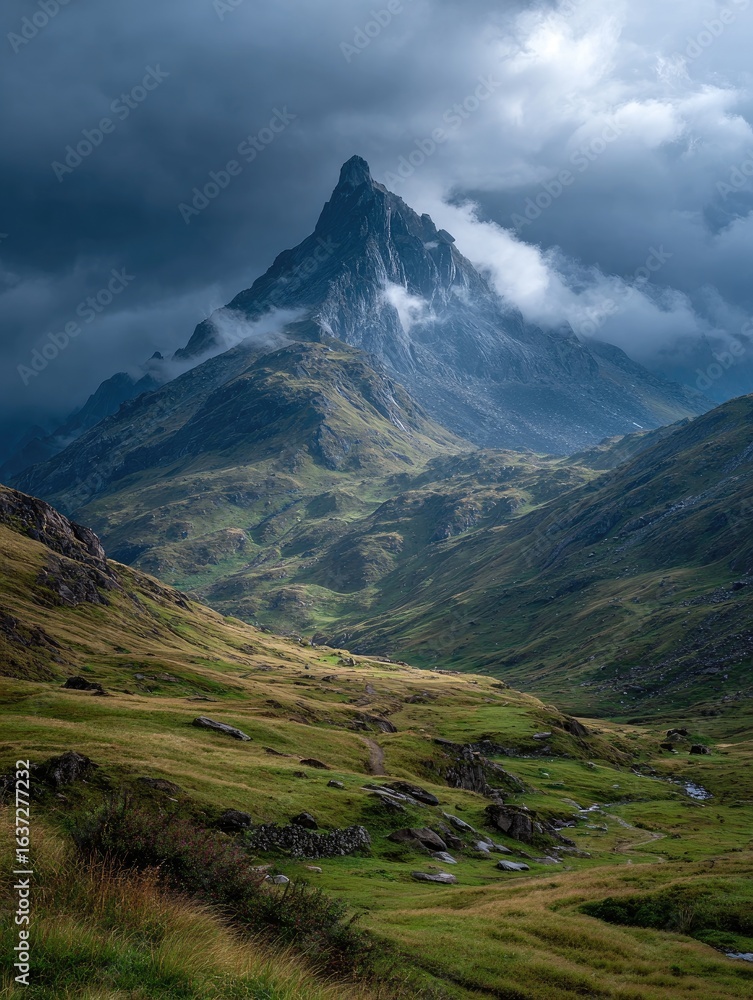 Fototapeta premium Mountain peak pierces storm clouds. Lush valley