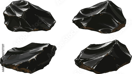 Captivating obsidian rocks, a dark glossy mineral texture illustration
