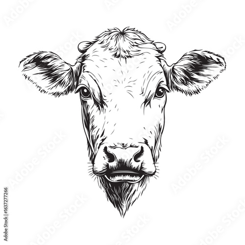 Cow, bull, farm. Vintage retro print, black white cow sketch ink pencil style drawing, engraved old school. Sketch artwork silhouette farm cow, white background