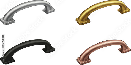 Metallic cabinet pulls in silver, gold, black and copper tones design element