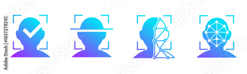 Set of face recognition icon, identity system recognize. Biometric human analysis vector symbol. Representing AI, deep learning, and biometric analysis.