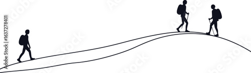 Continuous line drawing depicts two people hiking and climbing as adventure travelers