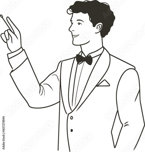Modern illustration of a classical music conductor leading with a continuous one-line drawing, making a guiding gesture and lifting their hand