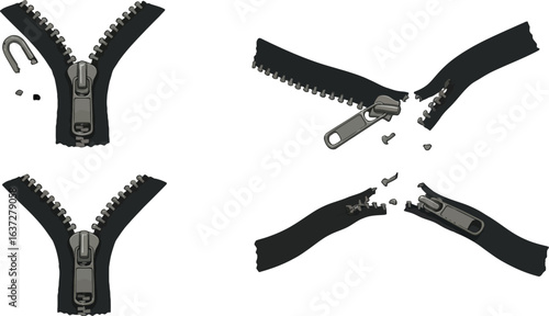 Illustrations of intact and broken zippers, portraying concepts of malfunction and repair