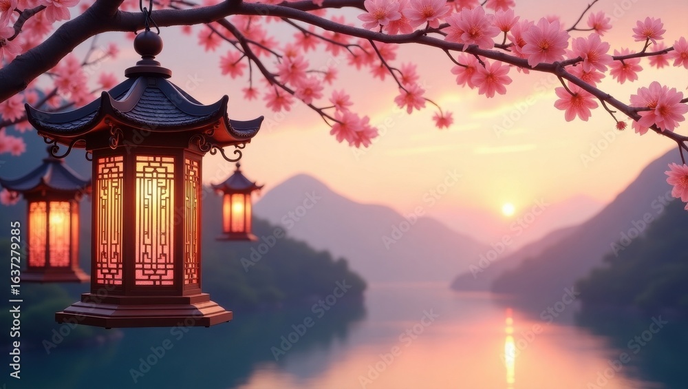 Obraz premium Cherry Blossoms and Lanterns Glow at Sunset Over Serene River