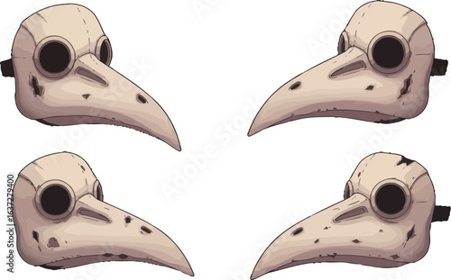 Repeating stylized plague doctor mask pattern on a clean white backdrop