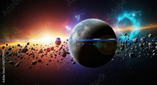 Planet with Asteroid Field and Colorful Nebula, Cosmic Landscape, Space Exploration