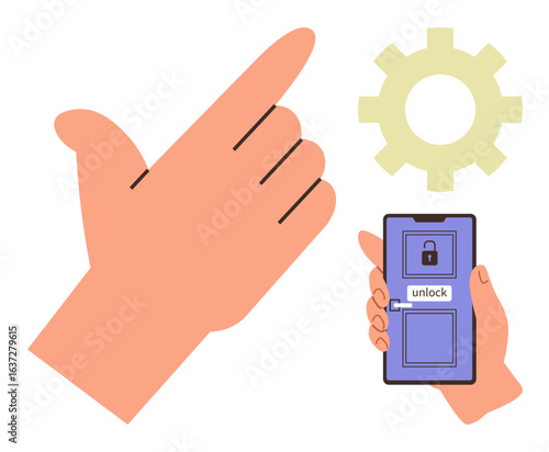 Hand performs a gesture beside a smartphone with lock interface and a gear icon. Ideal for security, technology, innovation, user interface, smart devices, privacy, accessibility. Simple flat