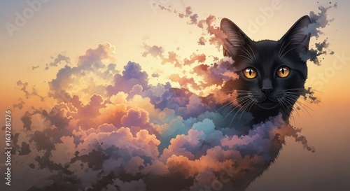 Dreamy black cat portrait with fluffy clouds and golden sunset, fantasy animal illustration for children's book or magical themed project