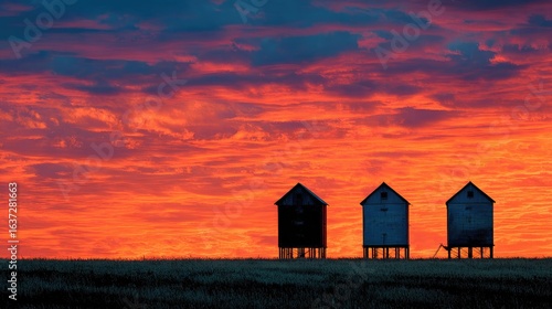 Silhouetted wooden structures against vibrant sunrise