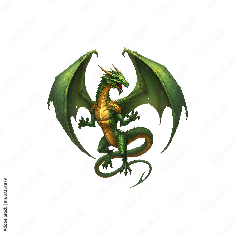Fototapeta premium Fierce Green Dragon Illustration with Spread Wings – Mythical Fantasy Creature Artwork