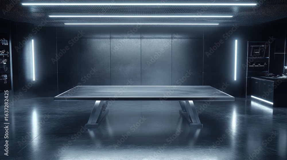 Obraz premium Sleek modern kitchen interior with a large central table and neon lighting