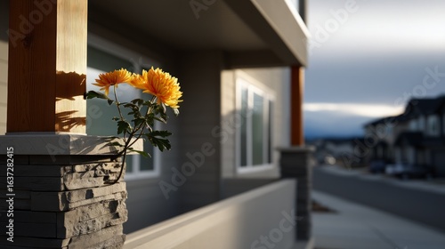Bright yellow flowers growing from a stone pillar of a house.