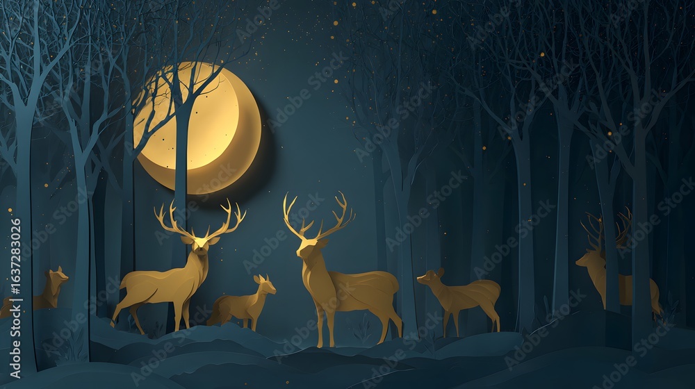 Fototapeta premium Golden deer silhouettes in a dark forest scene at night.